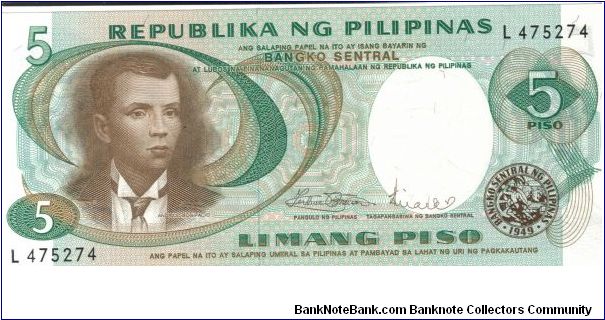 PI-140 Andres Bonifacio brown face 5 Peso note. Banknote