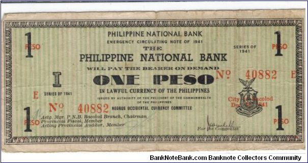 S-612c, Negros Occidental 1 Peso note. Banknote