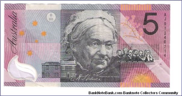 2001 Austrailian Polymer  5 note.
only a 1year realease of this design.


Beautiful colors
sent to me from a friend In Austrailia From The CCF Forum
Thanks Steve!!! Banknote