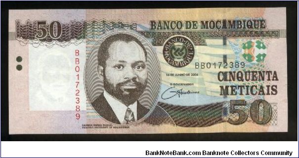 50 Meticais.

President Samora Moises Machel cameo at center left on face; kudu at center on back.

Pick #NEW Banknote