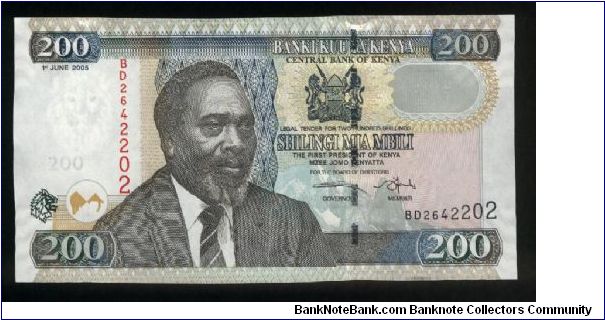 200 Shillings.

Mzee Jomo Kenyatta at left on face; cotton harvesting scene on back.

Pick #NEW Banknote
