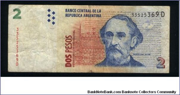 2 Pesos.

Bartolome Mitre at right, ornate gate at center on face; Mitre Museum at left center on back.

Pick#346 Banknote