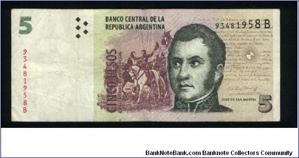 5 Pesos.

General Jose de San Martin at right, General San Martin on horseback with troops at center on face; Monument to the Glory at Mendoza at left center on back.

Pick#347 Banknote