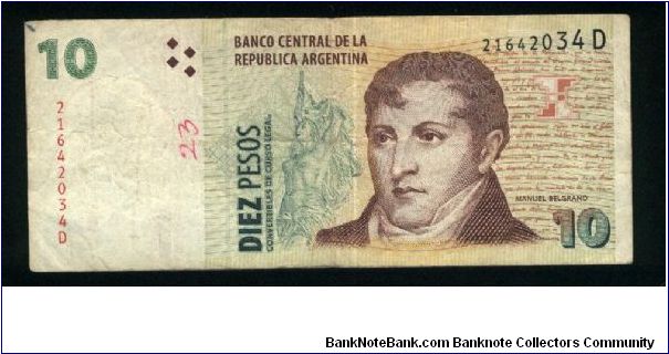 10 Pesos.

Manuel Belgnao at right, Liberty with flag at center on face; Monument to the Flag at Rosario with city in background at left center on back.

Pick# 348 Banknote