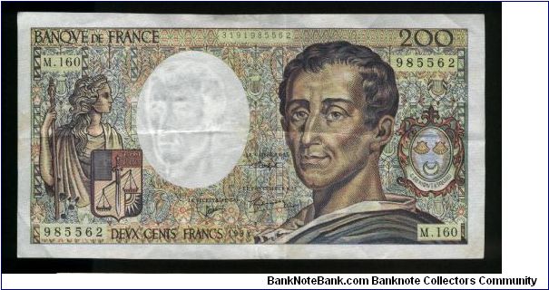200 Francs. 

Figure with staff and Charles Baron de Montesquieu on face; Castle of Labrède and Montesquieu on back.

Pick #155f Banknote