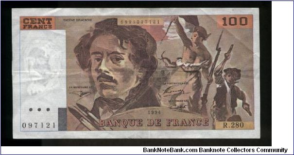 100 Francs.

Eugène Delacroix and Marianne holding tricolor, part of Delacroix's painting La Liberté Guidant le Peuple on face; Delacroix holding a quill pen on back.

Pick #154h Banknote