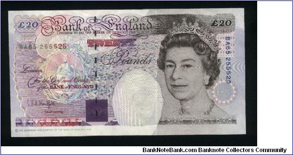 20 Pounds.

Queen Elisabeth II at right, Britannia at left, broken vertical foil strip and purple optical device at left center on face; Michael Faraday with students at left, portrait at right on back.

Pick #387a Banknote