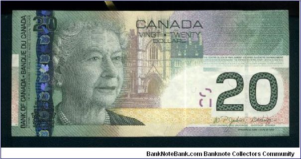 20 Dollars.

Queen Elisabeth II at left, the centre block of Parliament biulding at center on face; Bill Reid artworks on back.

Pick #104 Banknote