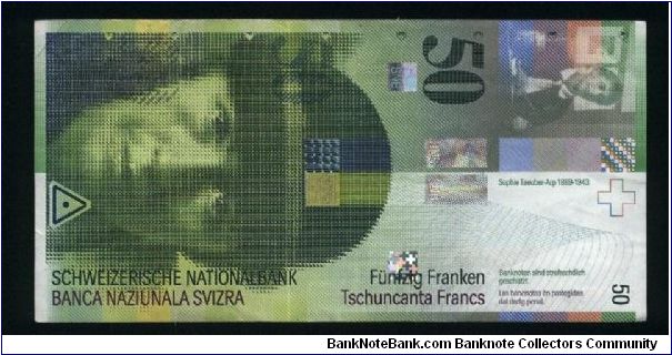 50 Franken.

Enhanced secutiry feactures; perfored value 50 in the paper, on letter D.

Artist Sophie Taeuber-Arp at upper left and bottom on face; examples of her abstract works on back.

Pick #68 Banknote