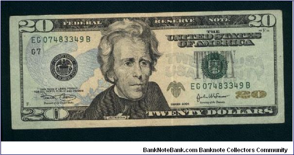 20 Dollars.

Series 2004 G7.

Enhanced security feactures; multicolor underprintings and optical variable ink figures.

Portrait A. Jackson at center on face; the White House on back.

Pick #519 Banknote