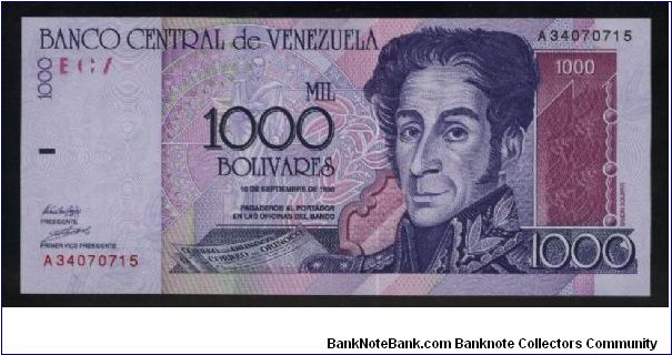 1,000 Bolivares.

Simon Bolivar at right on face; mountain, flowers and the National Pantheon on back.

Pick #82 Banknote