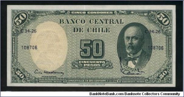 5 Centesimos on 50 Pesos.

Red overprinting 5 Centesimos de Escudo on watermark area on back.

Portrait of Anibal Pinto at right on face; value 50 at left, arms at center on back.

Pick #126a Banknote