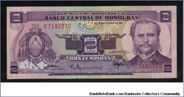 2 Lempiras.

Commemorative Issue; Centennial of the Marco Aurelio Soto Government, 1876-1976.

Marco Aurelio Soto at right, arms at left on face; island, and Port of Amapala on back.

Pick #61 Banknote