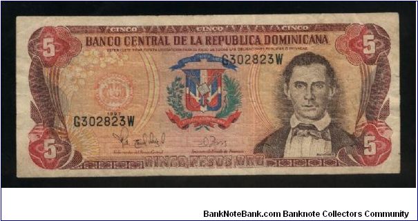 5 Pesos Oro.

J. Sanchez R. at right, arms at center on face; hydroelectric dam on back.

Pick #152a Banknote