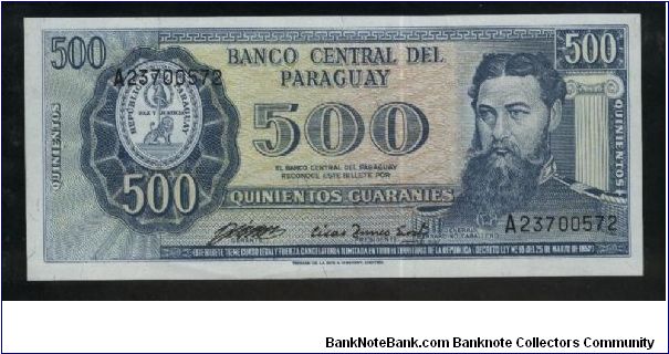 500 Guaranies.

General Bernardino Caballero at right, arms at left on face; federal merchant ship on back.

Pick #206 Banknote