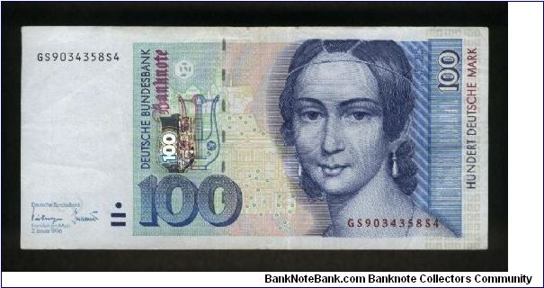 100 Deutsche Mark.

Clara Schumann (1819-1896) at center right, kinegram foil at left center on face; building at left in background, grand piano a center, multiple tuning forks at lower right in watermark area on back.

Pick #46 Banknote