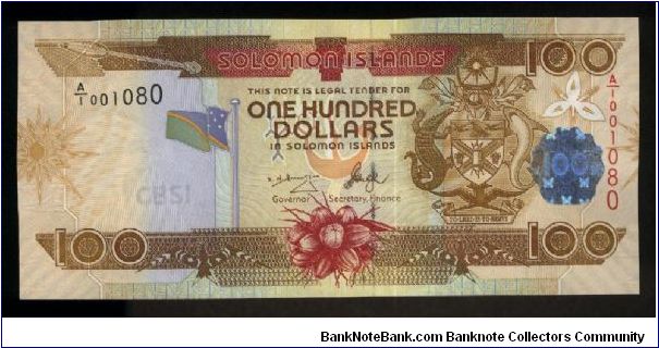 100 Dollars.

Arms at right, Solomon's country flag at left center on face; man opening some coconuts at center on back.

Pick #NEW Banknote