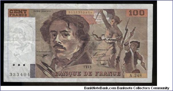 100 Francs.

Eugène Delacroix and Marianne holding tricolor, part of Delacroix's painting La Liberté Guidant le Peuple on face; Delacroix holding a quill pen on back.

Pick #154g Banknote