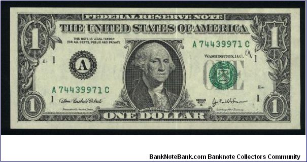 1 Dollar.

Series 2003 A.

Portrait George Washington at center on face; Great Seal flanking ONE on back.

Pick #515 Banknote