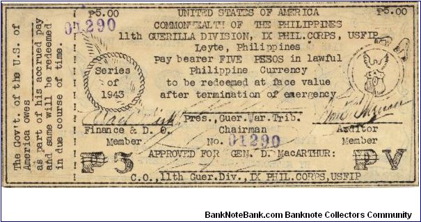 Extremely RARE 11th Guerilla Division IX Phil Corps, USFIP 5 Pesos note Banknote
