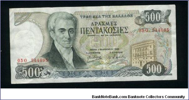500 Drachmaes.

I. Capodistrias at left center, his birthplace at lower right on face; fortress overlooking Corfu on back.

Pick #201 Banknote
