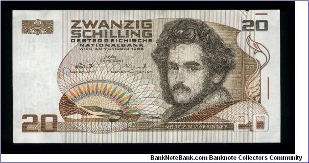 20 Schilling.

Moritz Daffinger at right on face; Vienna's Albertina Museum at left center on back.

Pick #148 Banknote
