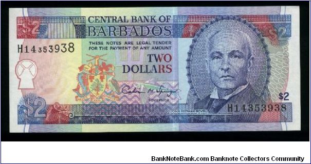 2 Dollars.

Portrait J. R. Bovell at right, arms at left center on face; Trafalgar Square in Bridgetown on back.

Pick #46 Banknote