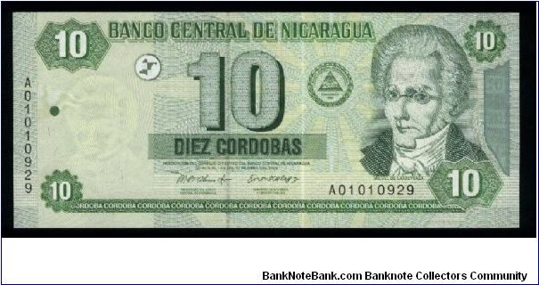10 Cordobas.

Miguel de Larreynaga at right on face; little island of Granada at left, arms at center on back.

Pick  #191 Banknote