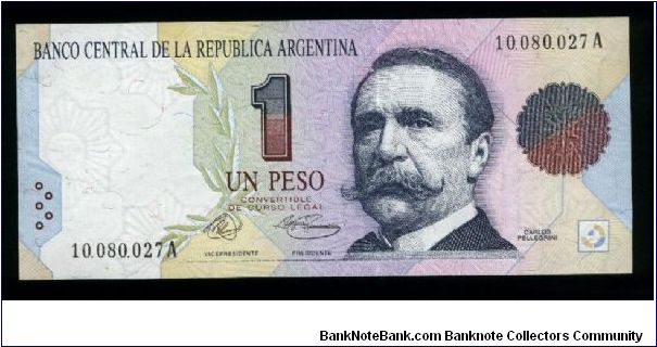1 Peso.

C. Pellegrini at right on face; National Congress building at left center on back.

Pick #339a Banknote