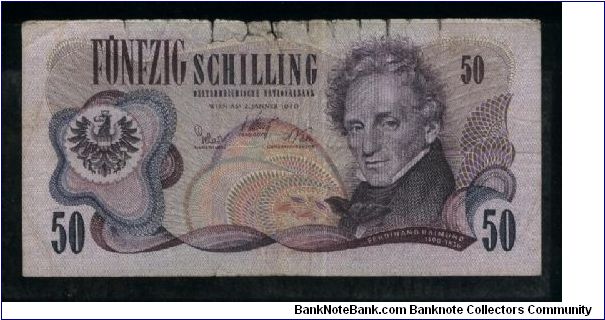 50 Schilling.

Ferdinand Raimund at right, arms at left on face; Burg Theater in Vienna at left center on back.

Pick #143a Banknote