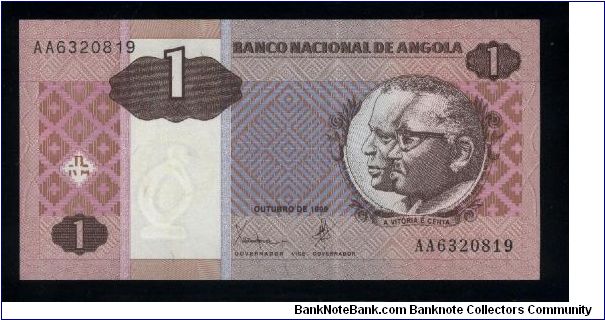 1 Kwanza.

Portrait of conjoined busts of Jose Eduardo dos Santos and Antonio Agostinho Neto at right on face; women picking cotton, arms at lower left and mask at upper right on back.

Pick #143 Banknote