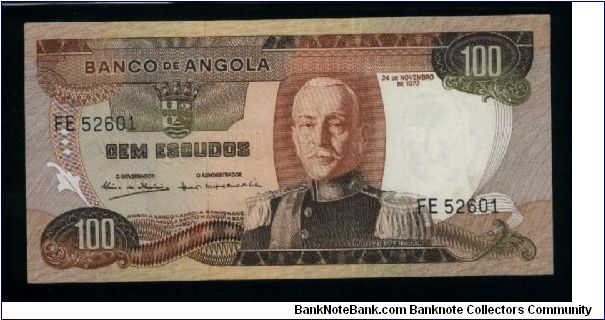 100 Escudos.

M. Carmona at center right, arms at left on face; tree and plants on back.

Pick #101 Banknote