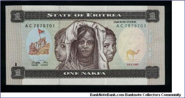 1 Nakfa.

Three girls at center, flag raising at left on face; children in bush school at center right on back.

Pick #1 Banknote