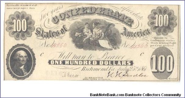 Type 7 Confederate $100 note. Banknote
