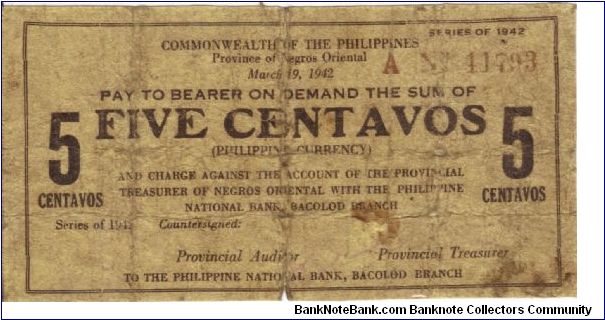 S-651 Negros Oriental 5 centavos note. Banknote