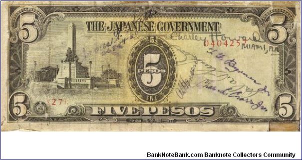 PI-110 Great 5 Peso Japan note with soldiers signatures. Banknote