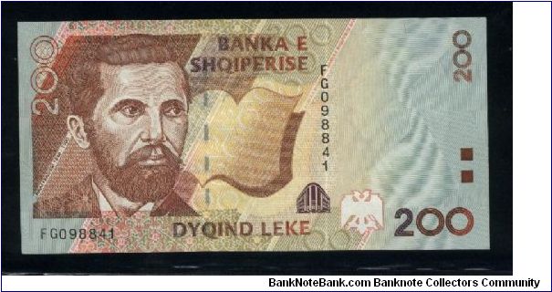 200 Leke.

N. Frasheri at left on face; Frasheri's birthplace at upper right on back.

Pick #63 Banknote