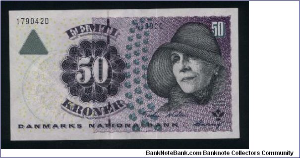 50 Kroner.

Karen Blixen at right on face; centaur stone relief from Landet Church, Tasinge at left center on back.

Pick #55 Banknote