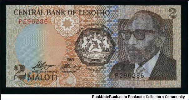 2 Maloti.

Civilian bust of King Moshoeshoe II in portrait at right, arms at center on face; building and Lesotho flag at left on back.

Pick #9a Banknote