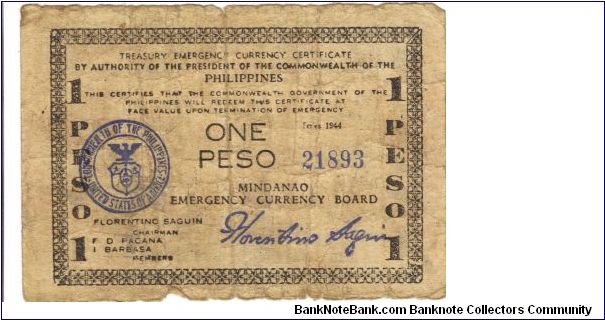 S-523a Mindanao One Pesos note. Banknote