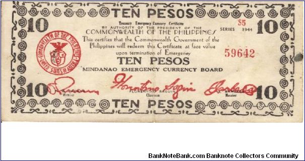 S-527e Mindanao Ten Pesos note. Banknote