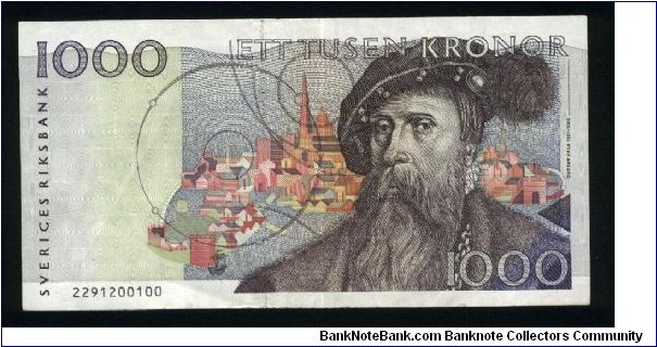 1,000 Kronor.

King Gustav Vasa at right on face; medieval harvest and threshing scene at left center on back.

Pick #60 Banknote
