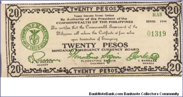 S-528d Rare series of 3 consecutive Mindanao 20 Pesos notes, 3 - 3. Banknote