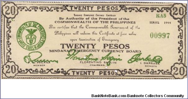 S-528d Rare series of 3 consecutive Mindanao 20 Pesos notes, 3 - 3. Banknote