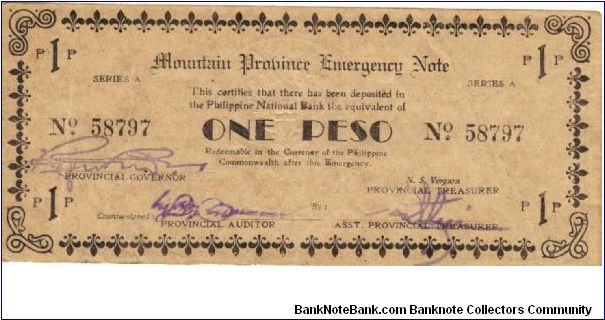 S-601 Rare series of 3 consecutive numberes Mountain Province Emergency Notes, 1 - 3. Banknote