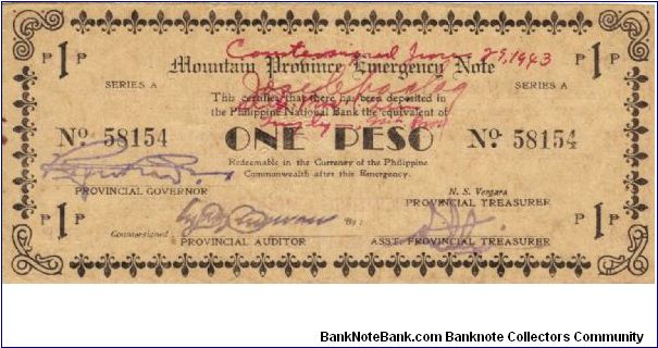 S-601 Super Rare series of 5 consecutive numbered Mountain Province Emergency Notes with red countersign signatures, 3 - 5. Banknote