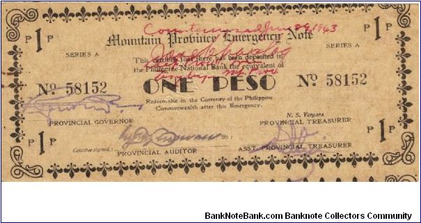 S-601 Super Rare series of 5 consecutive numbered Mountain Province Emergency Notes with red countersign signatures, 1 - 5. Banknote