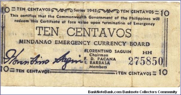 S-502 Rare consecutive numbered Mindanao Emergency 10 Centavos Currency notes, 2 - 2. Banknote