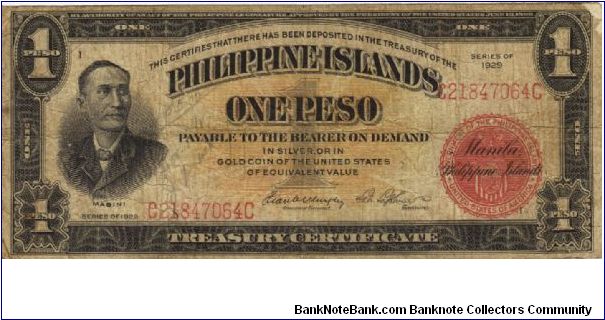 PI-73c Philippine Islands 1 Peso note, tough note to find in any condition. Banknote