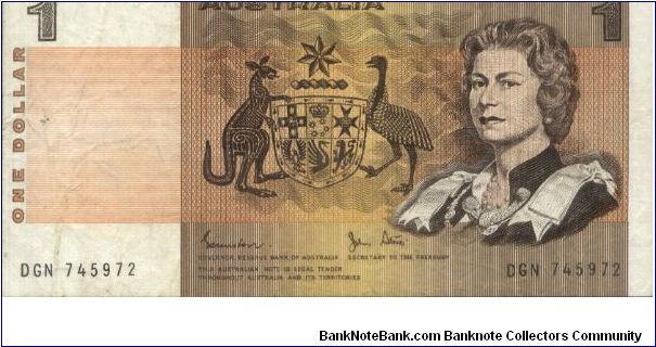 1 Dollar Dated 1983. Obverse: Coat of arms with a kangaroo and an emu &
H.M. Queen Elisabeth II Reverse: Aboriginal art - cave drawings. Banknote